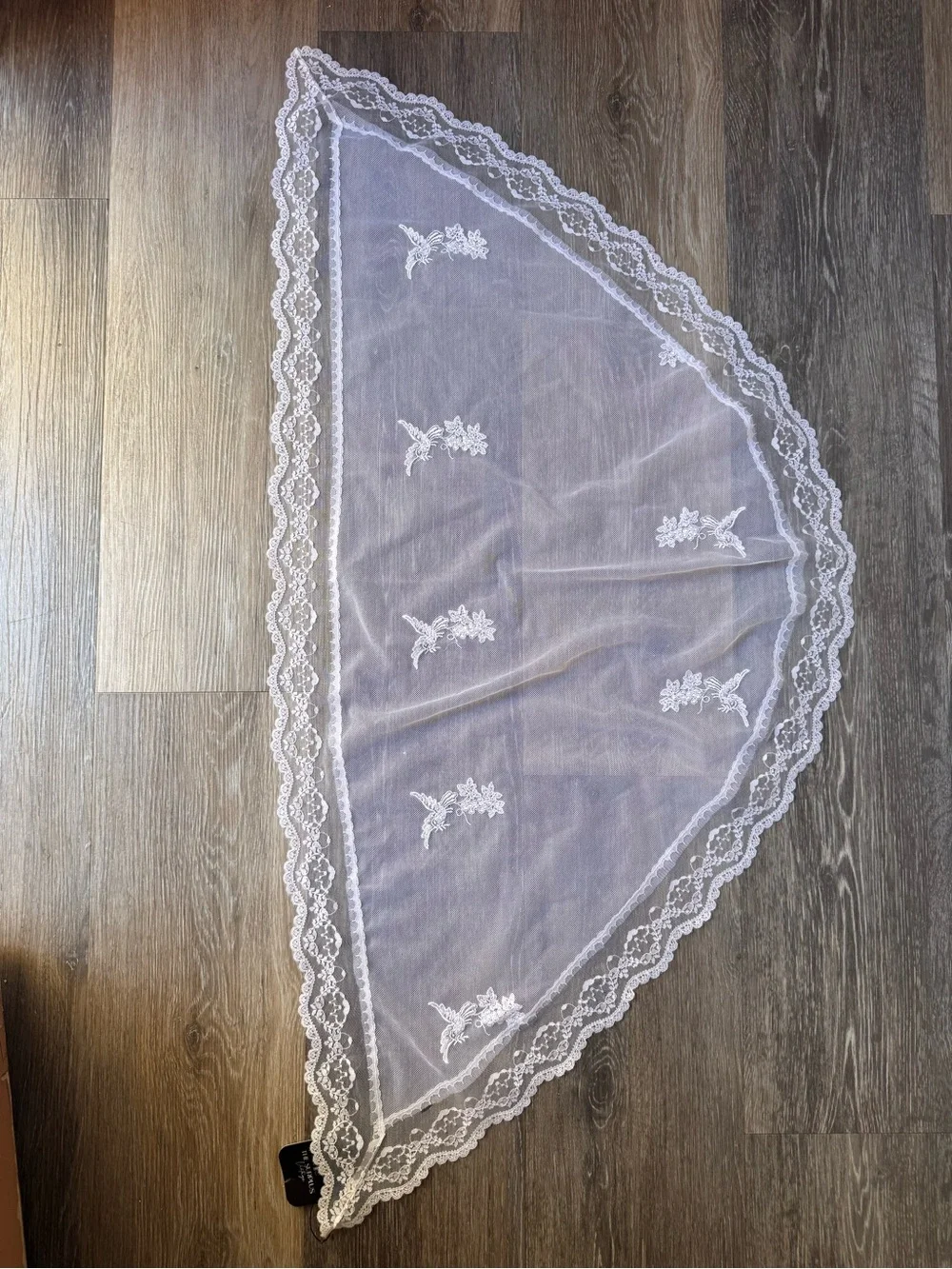 Delicate Vintage White Lace Bridal Veil or Scarf with Floral Appliqués